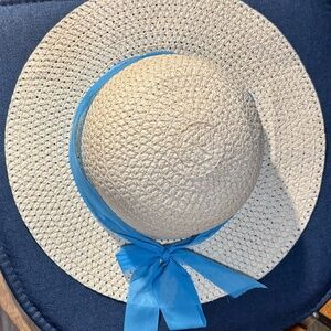 Woven White Brimmed Hat with Blue Ribbon